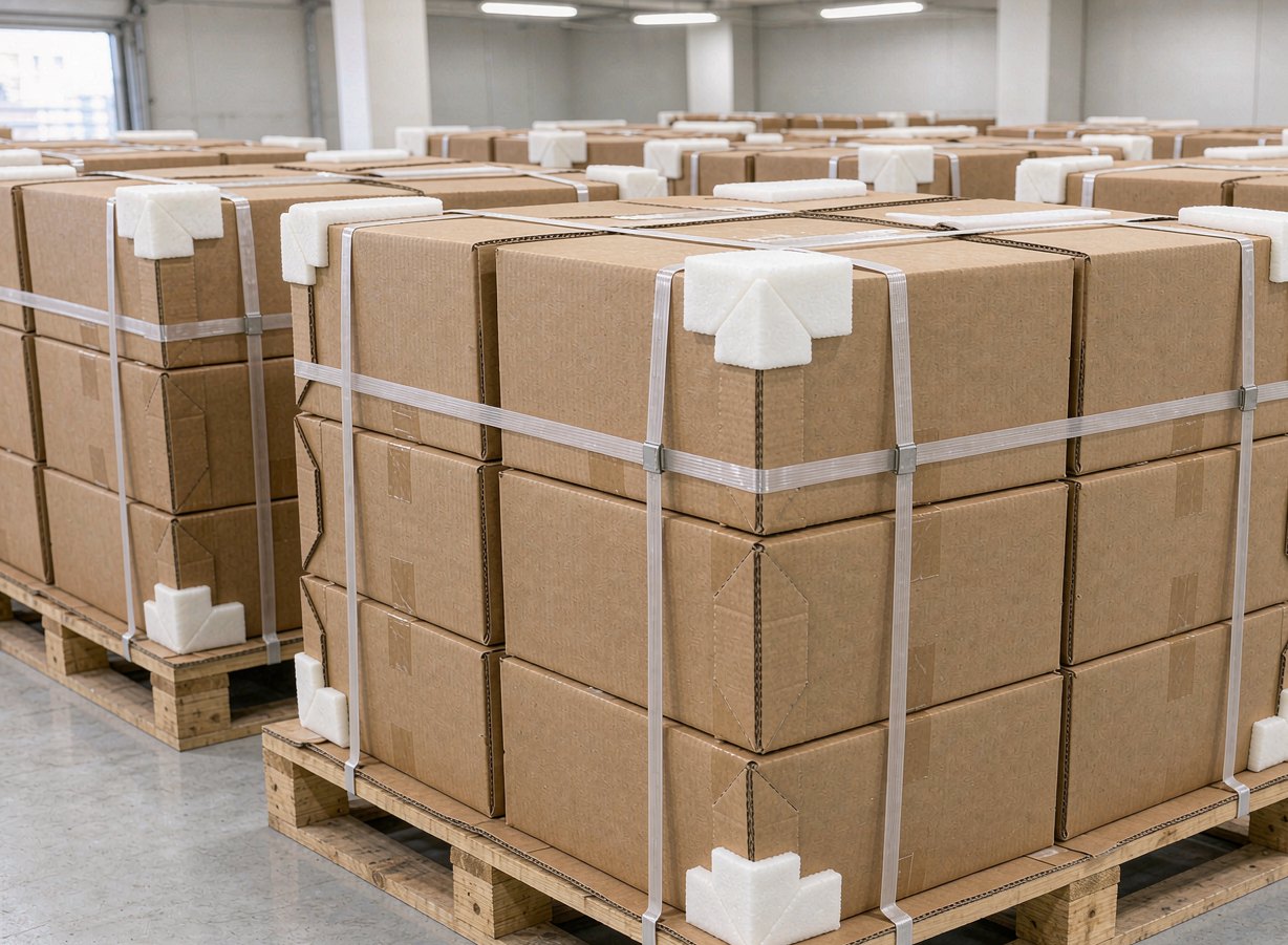 Export cartons with foam corner protectors stacked on pallets and strapped for shipment