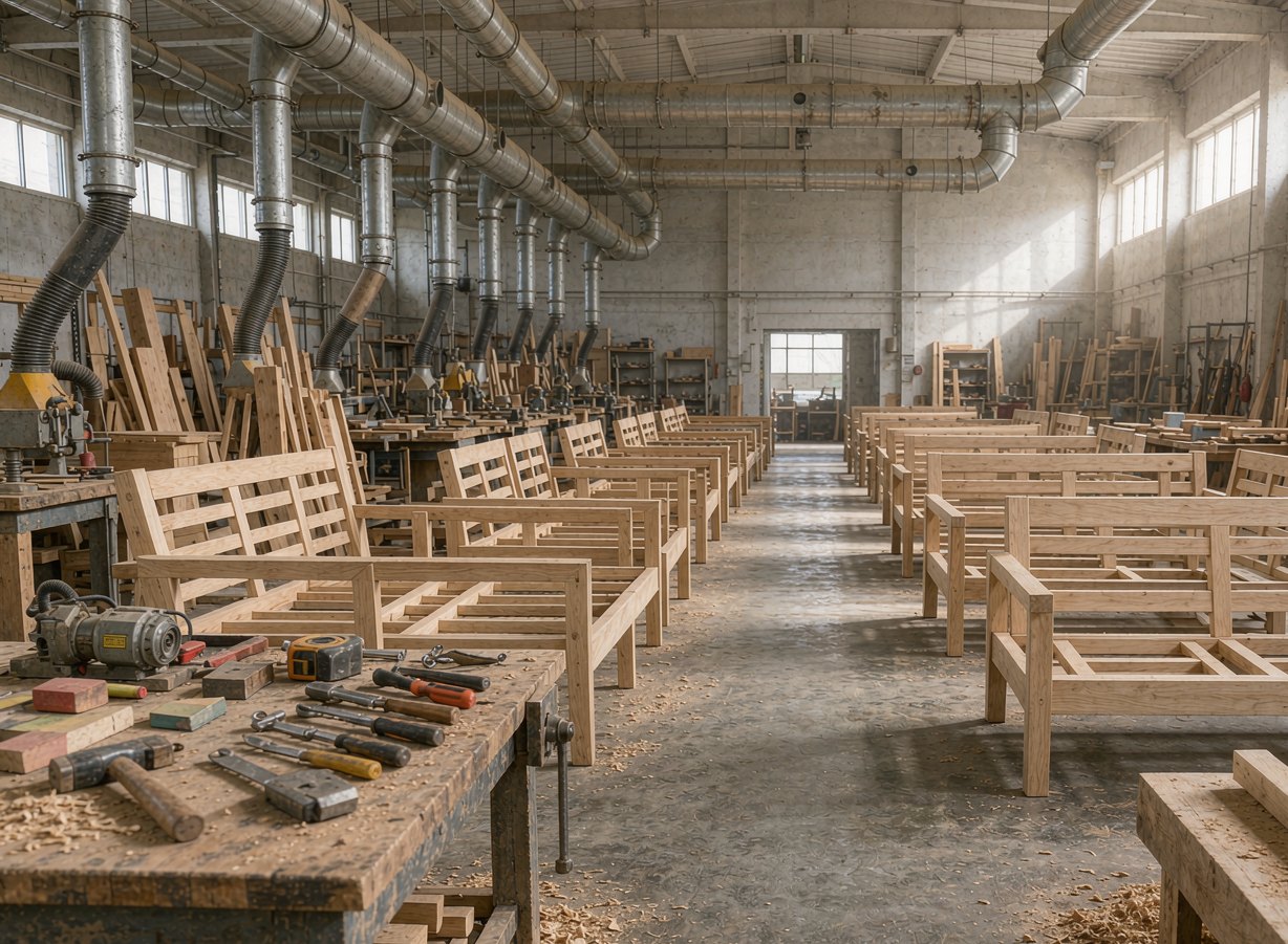 Rows of solid teak outdoor furniture frames in assembly inside our Foshan workshop