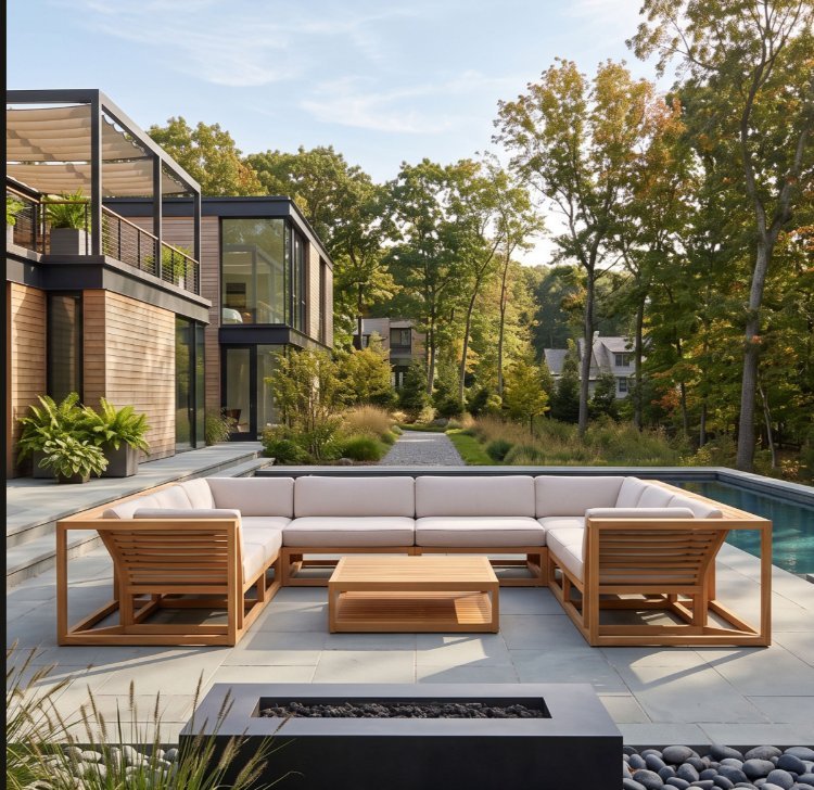 Large modular teak sectional sofa set on a garden terrace