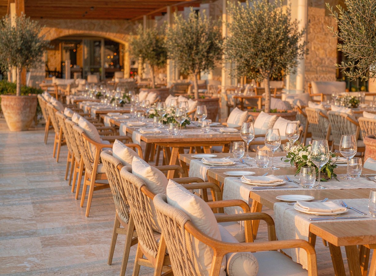 Long dining tables with rope-back chairs on a hotel restaurant terrace at sunset