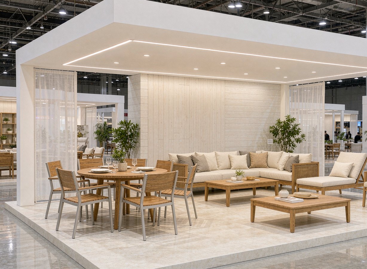 Outdoor furniture displayed in a trade fair exhibition booth