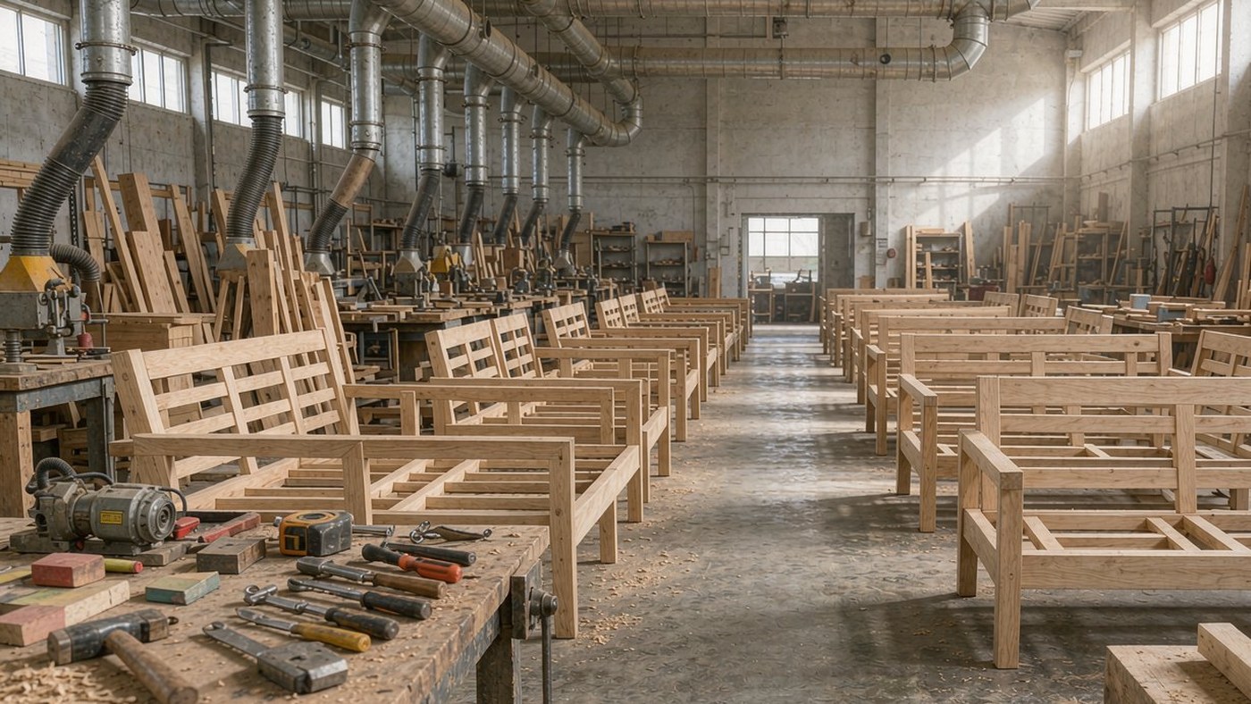 Teak furniture frames on the assembly bench in the PatioHue workshop in Foshan