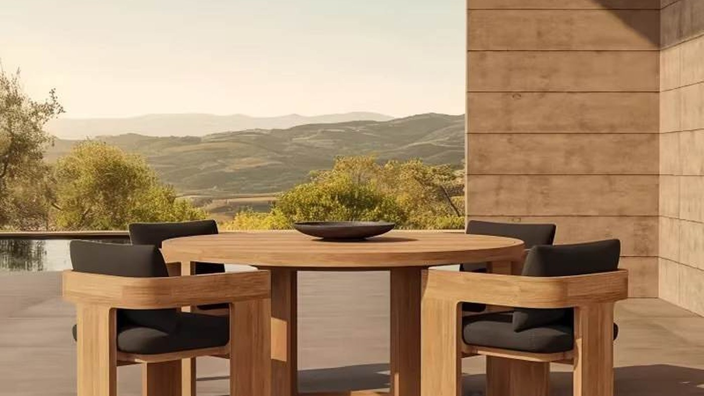 Hotel teak dining set with six woven-back chairs on a covered terrace