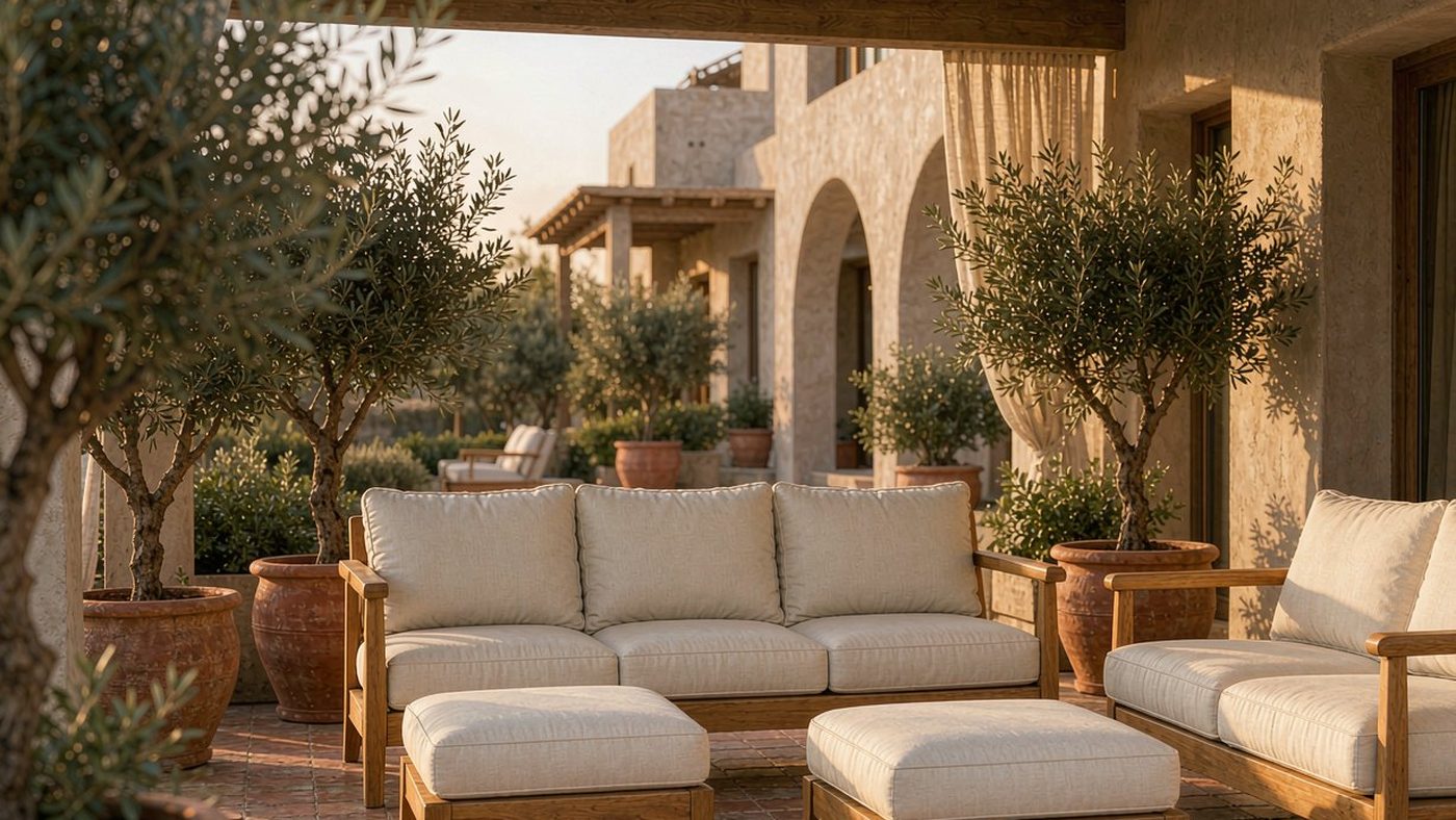 Villa terrace with teak and aluminium outdoor furniture