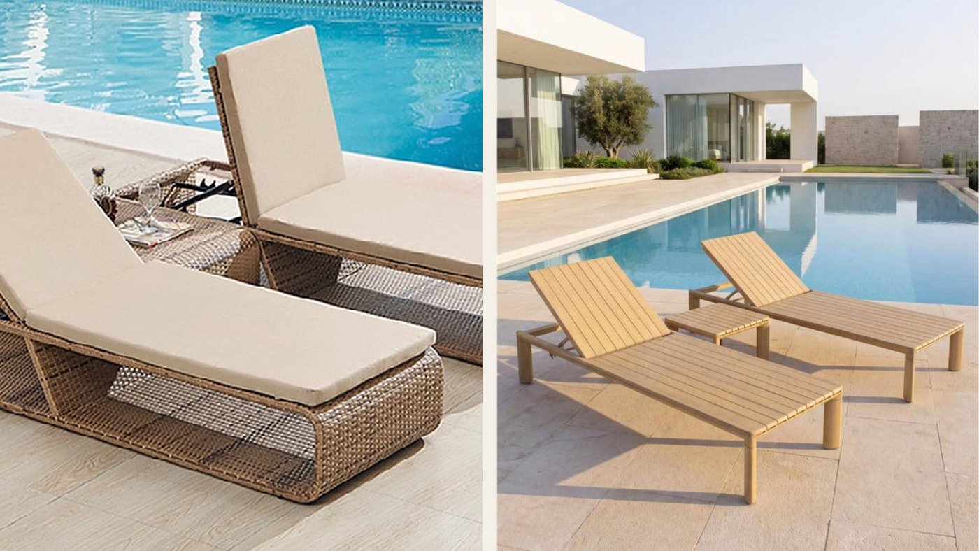 Warm woven loungers beside light aluminium slat loungers