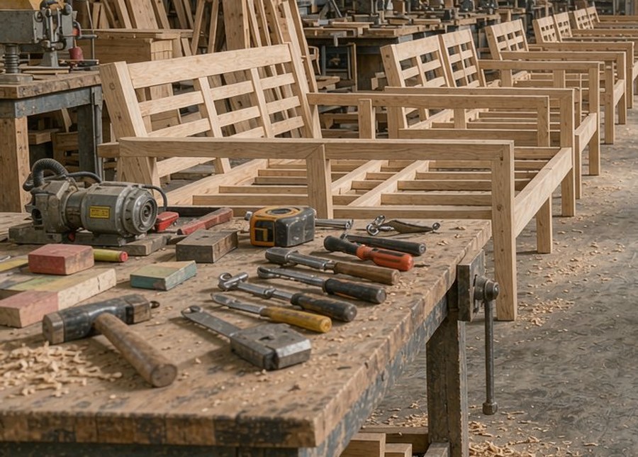 Teak furniture frames on the assembly bench with hand tools, PatioHue workshop in Foshan