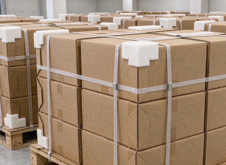 Strapped outdoor furniture cartons with corner protectors on a pallet, PatioHue packing area