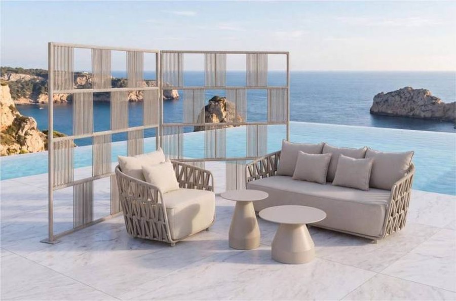 Barefoot aluminium rope sofa screen set with teak top side tables, AL-SF-5101