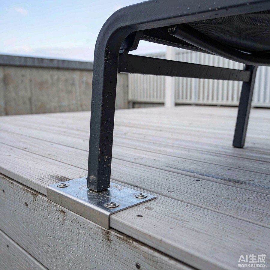 Stainless steel anchor plate bracket bolted to a rooftop terrace deck securing an aluminium sofa frame