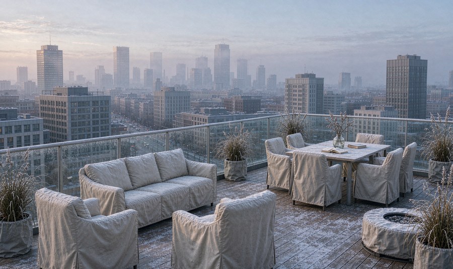 Rooftop terrace in winter with outdoor sofa set and dining chairs under fitted breathable covers above a frosted city skyline