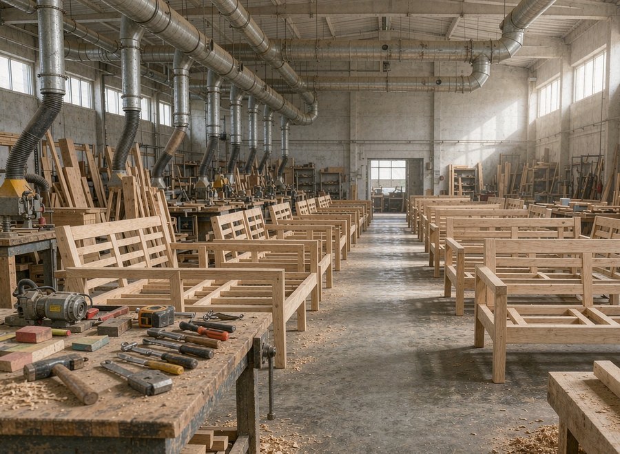 Teak furniture frames on the assembly bench in the PatioHue workshop