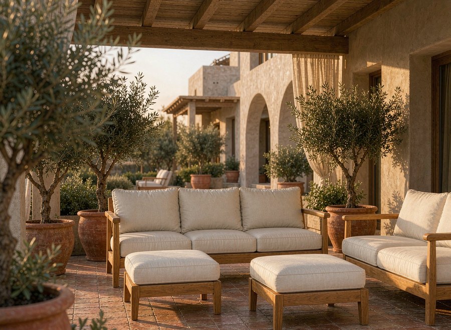 Teak sofa set with ottomans on a shaded villa terrace