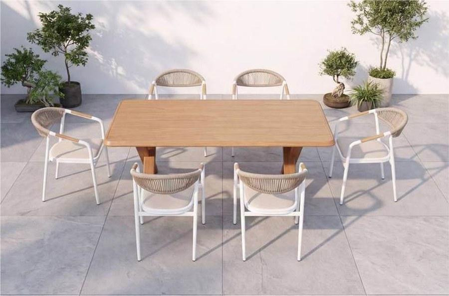 Rope-back aluminium chairs with teak top dining table, six-seater set AL-DN-7102