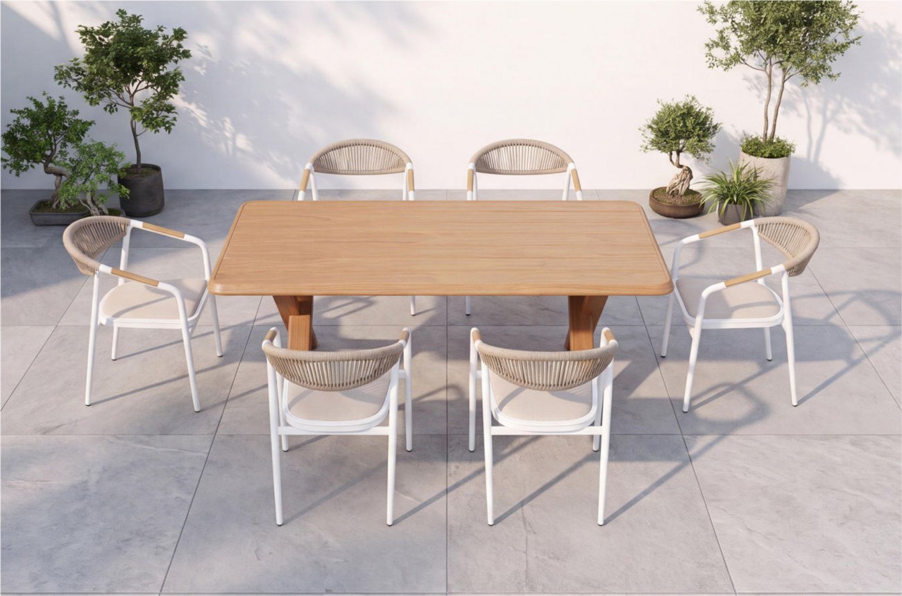 Rope-Back Chair & Teak-Top Dining Set – 6 Seater