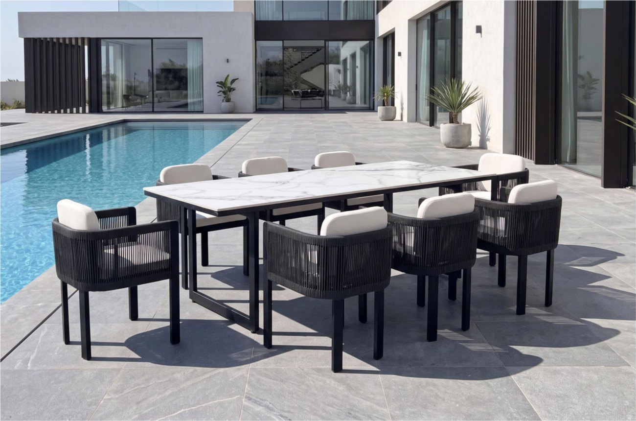 Sintered-Stone Top Dining Set with Rope Chairs – 8 Seater
