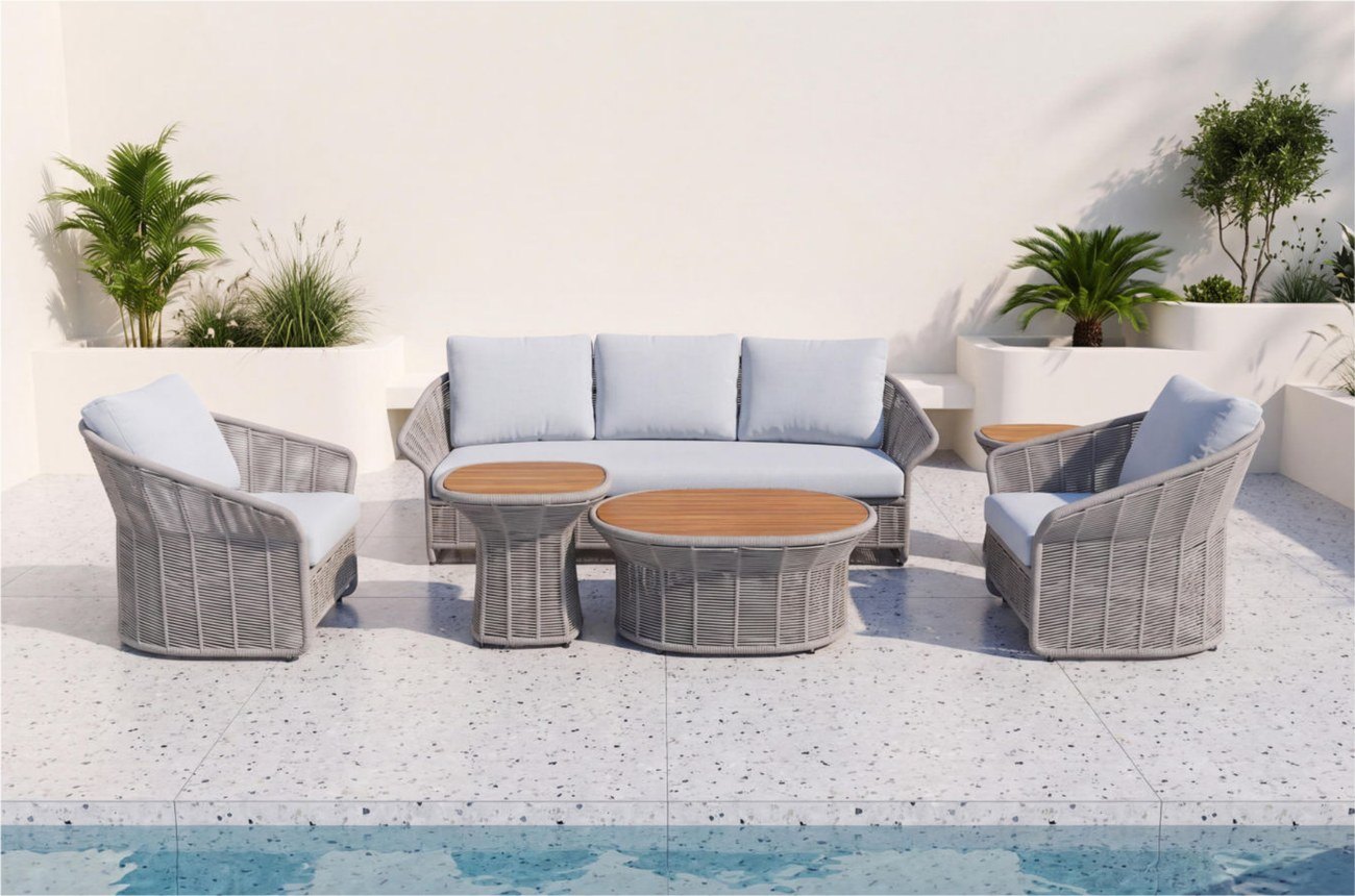 Rope-Weave Aluminium Sofa Set with Teak-Top Tables