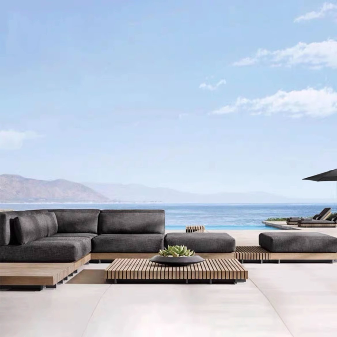 Teak outdoor sofa on a villa terrace